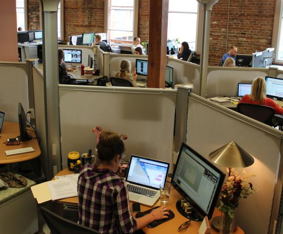 Office space with dedicated cubicle spaces with employees working on laptops